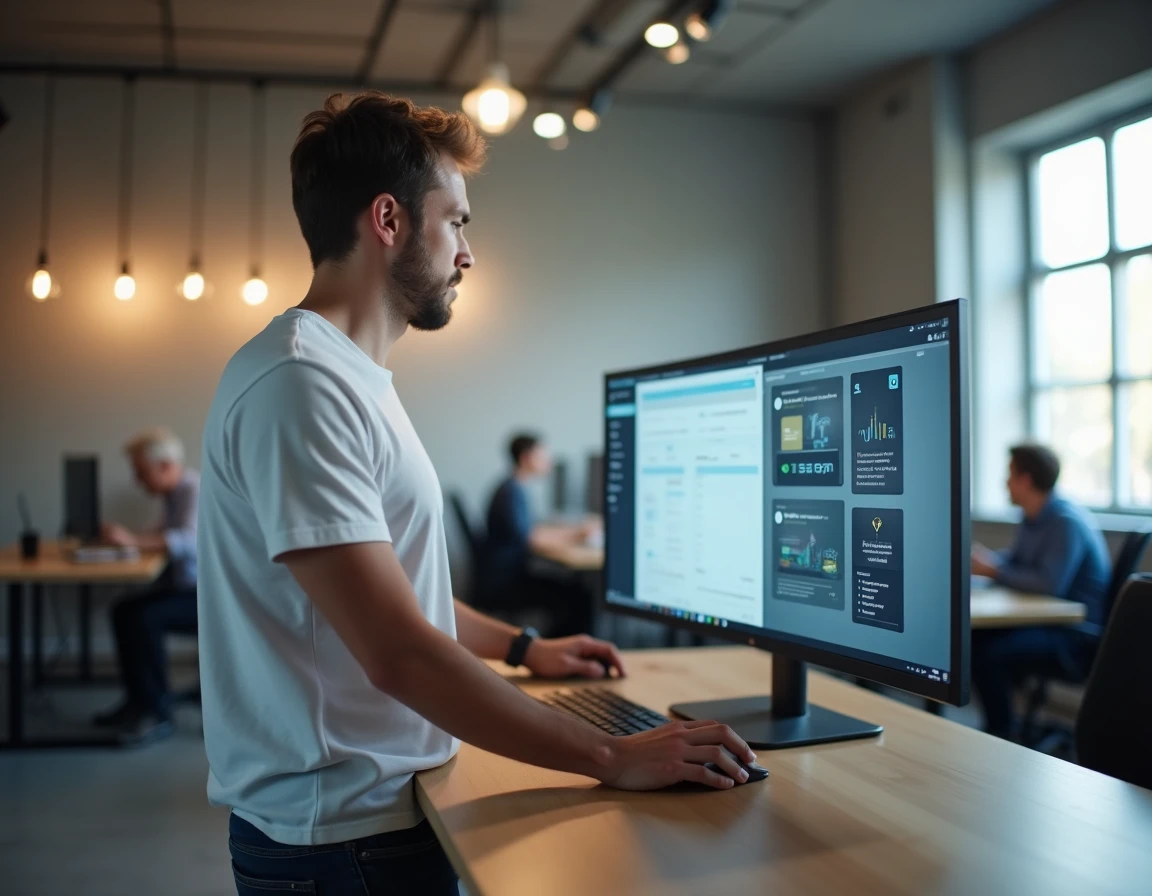 Jeune homme dans un espace de coworking accédant à un client torrent sécurisé sur un grand écran d'ordinateur