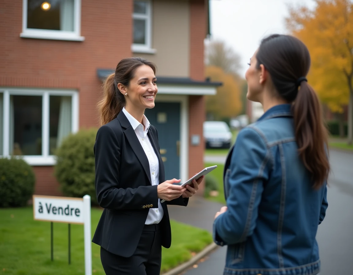 Agent immobilière présentant une maison à vendre à un acheteur potentiel devant la façade