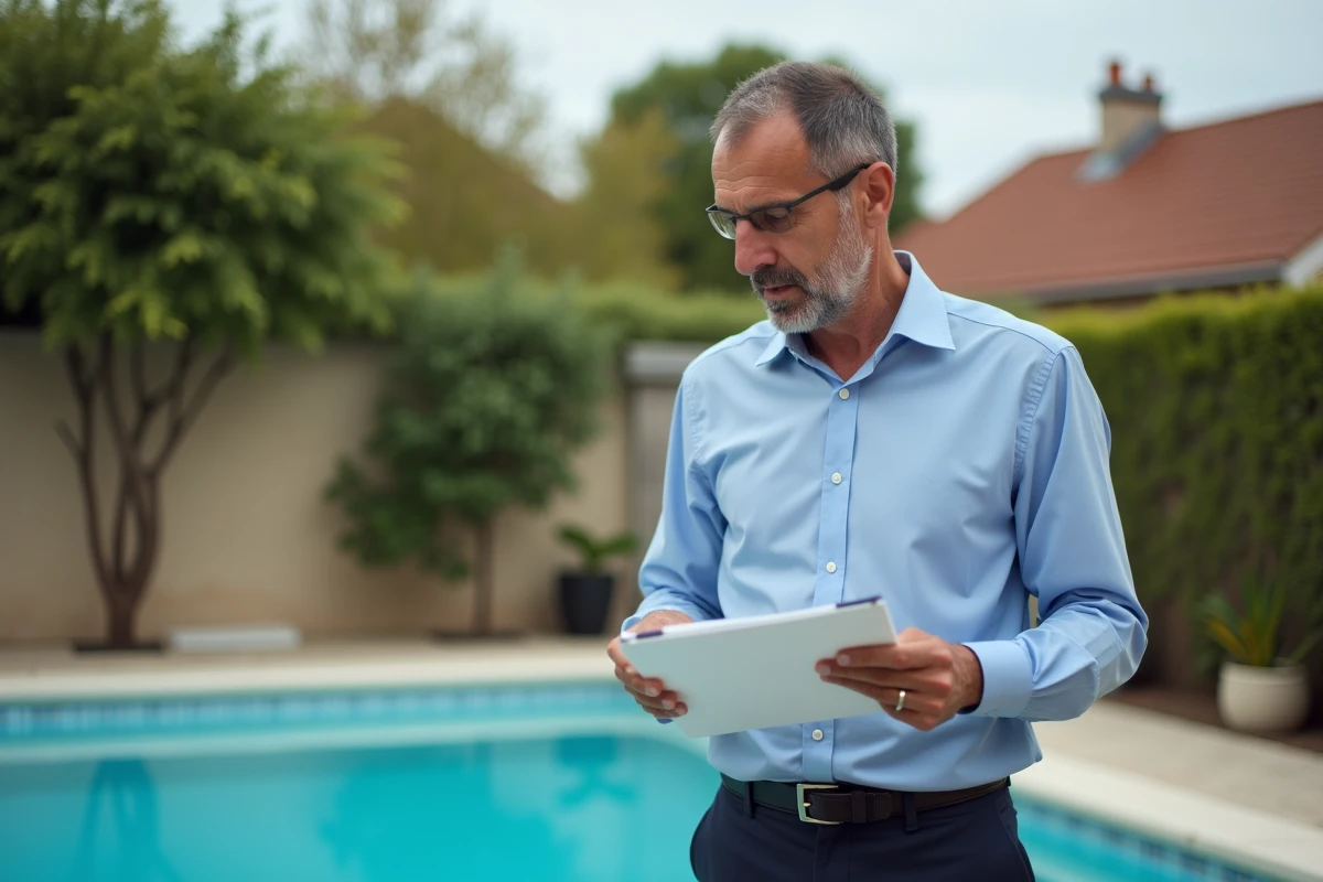 Agent des impôts évaluant une piscine enterrée pour le calcul de la taxe foncière dans un jardin particulier