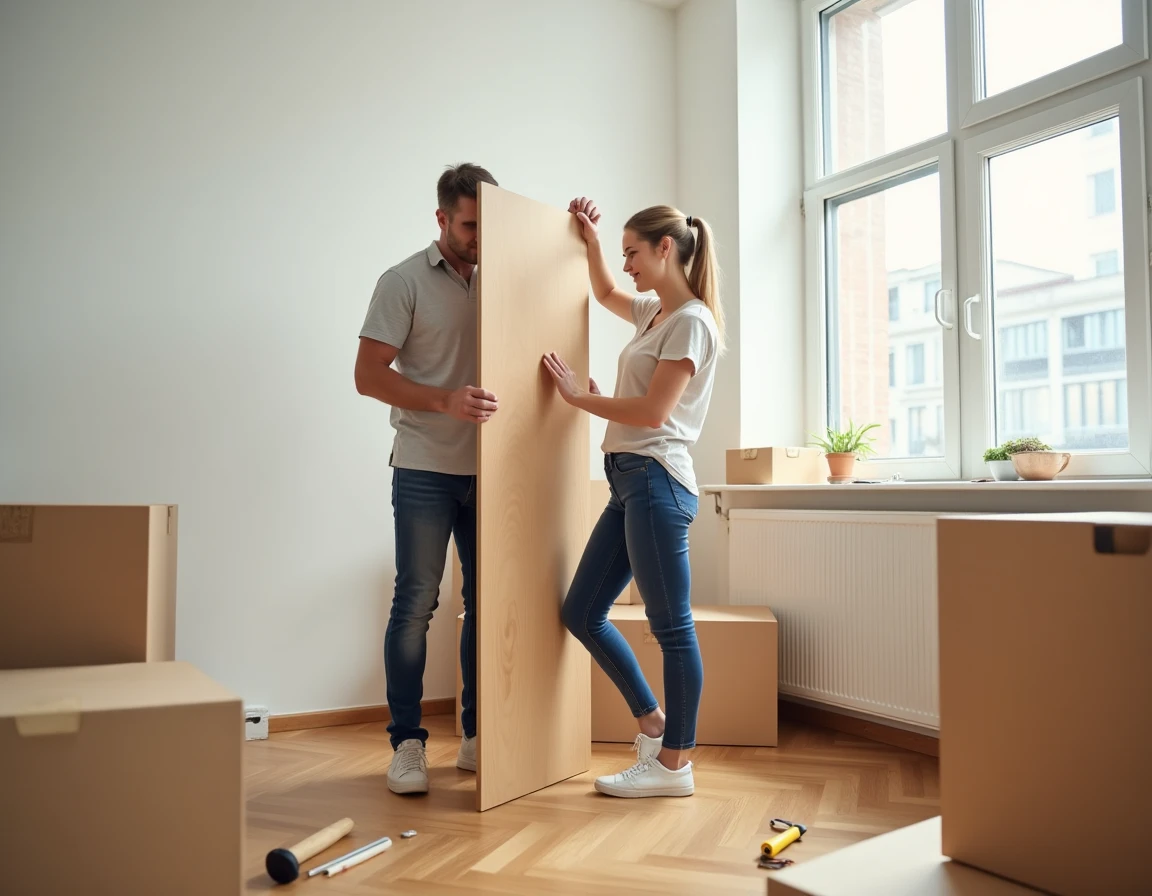 Couple assemblant des meubles en bois dans un bureau rénové avec parquet neuf et murs blancs fraîchement peints