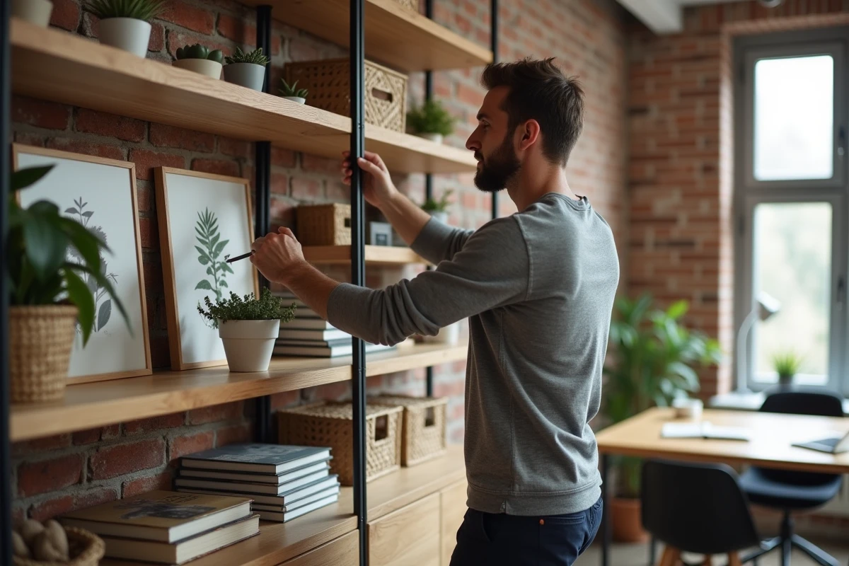 Homme arrangeant une étagère décorée avec plantes, livres et objets design dans un bureau à domicile