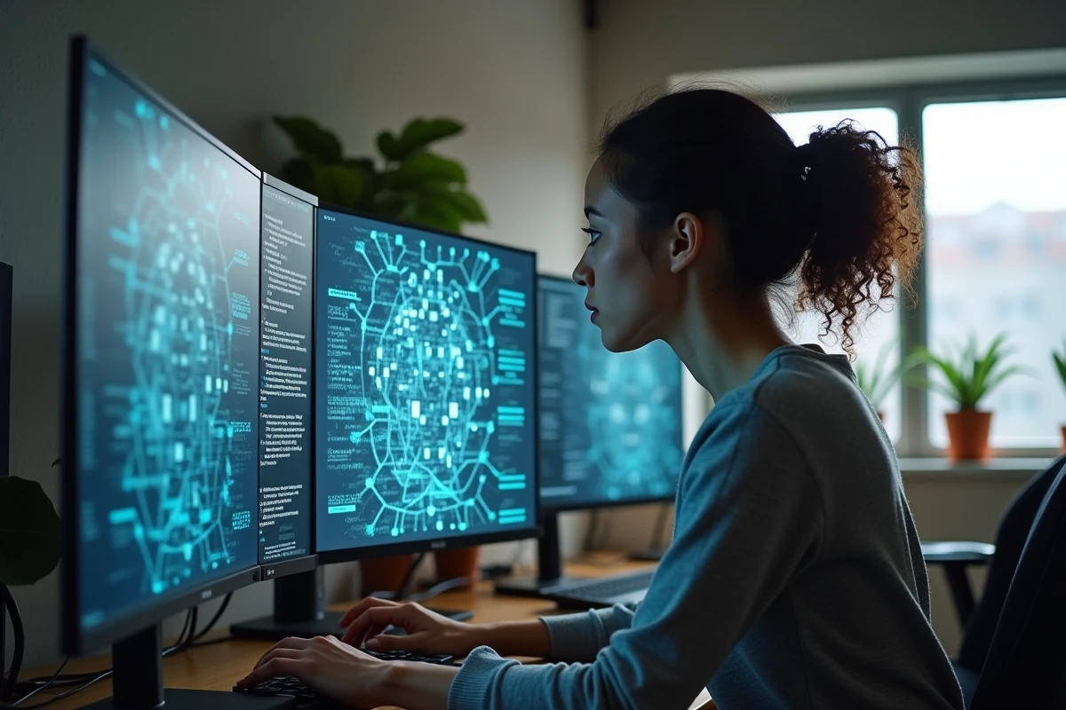 Analyste numérique étudiant le réseau sémantique du code Sorlav sur un grand écran dans un espace de travail moderne