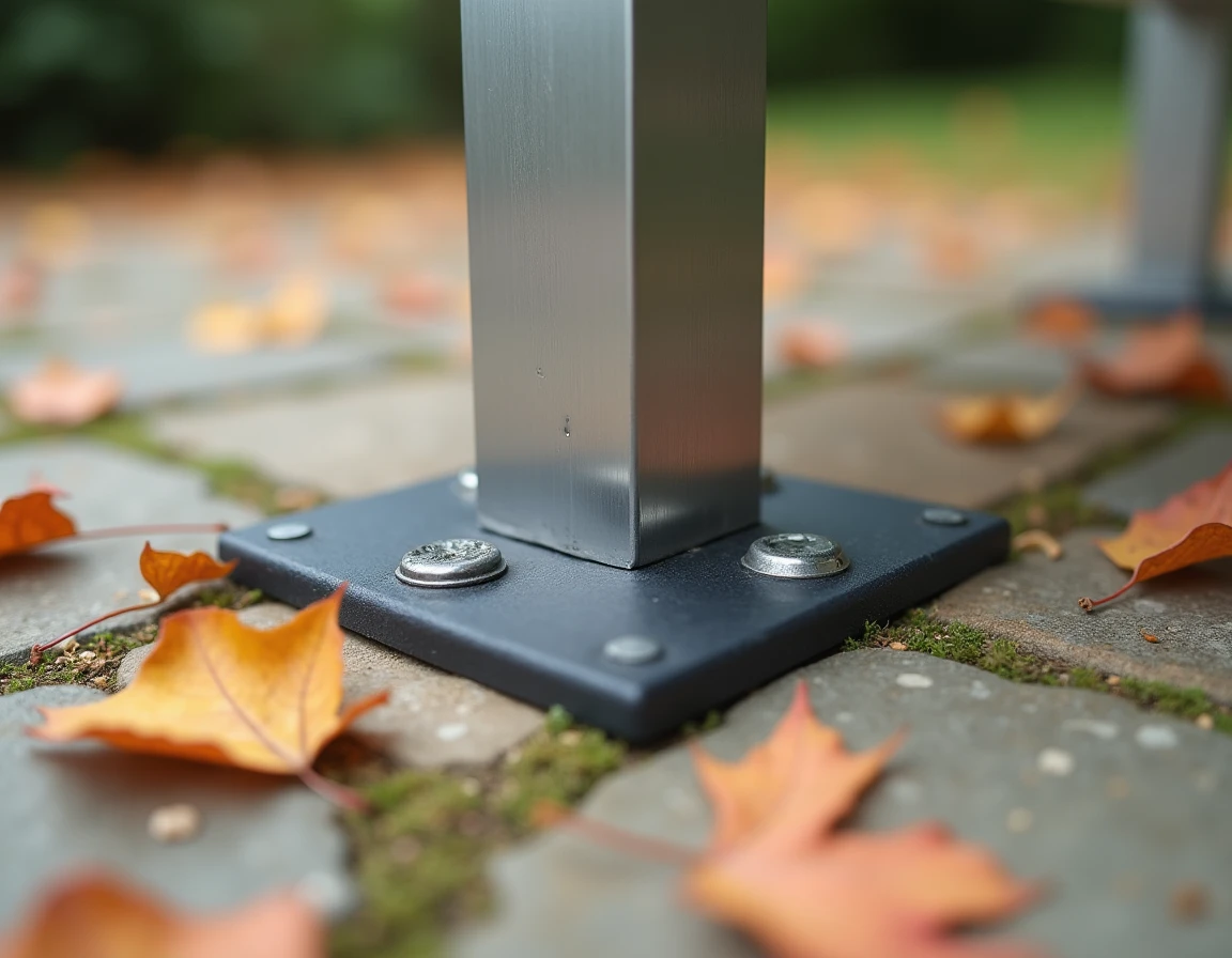 Gros plan sur un ancrage de pied de table de jardin avec pad antidérapant et vis de fixation au sol sur terrasse en pierre
