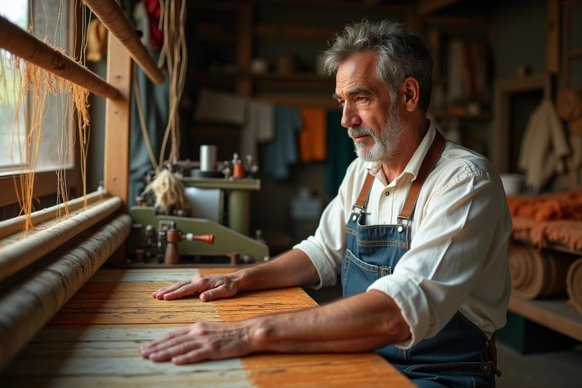 Artisan textile travaillant sur un métier à tisser dans un atelier de production équitable et durable
