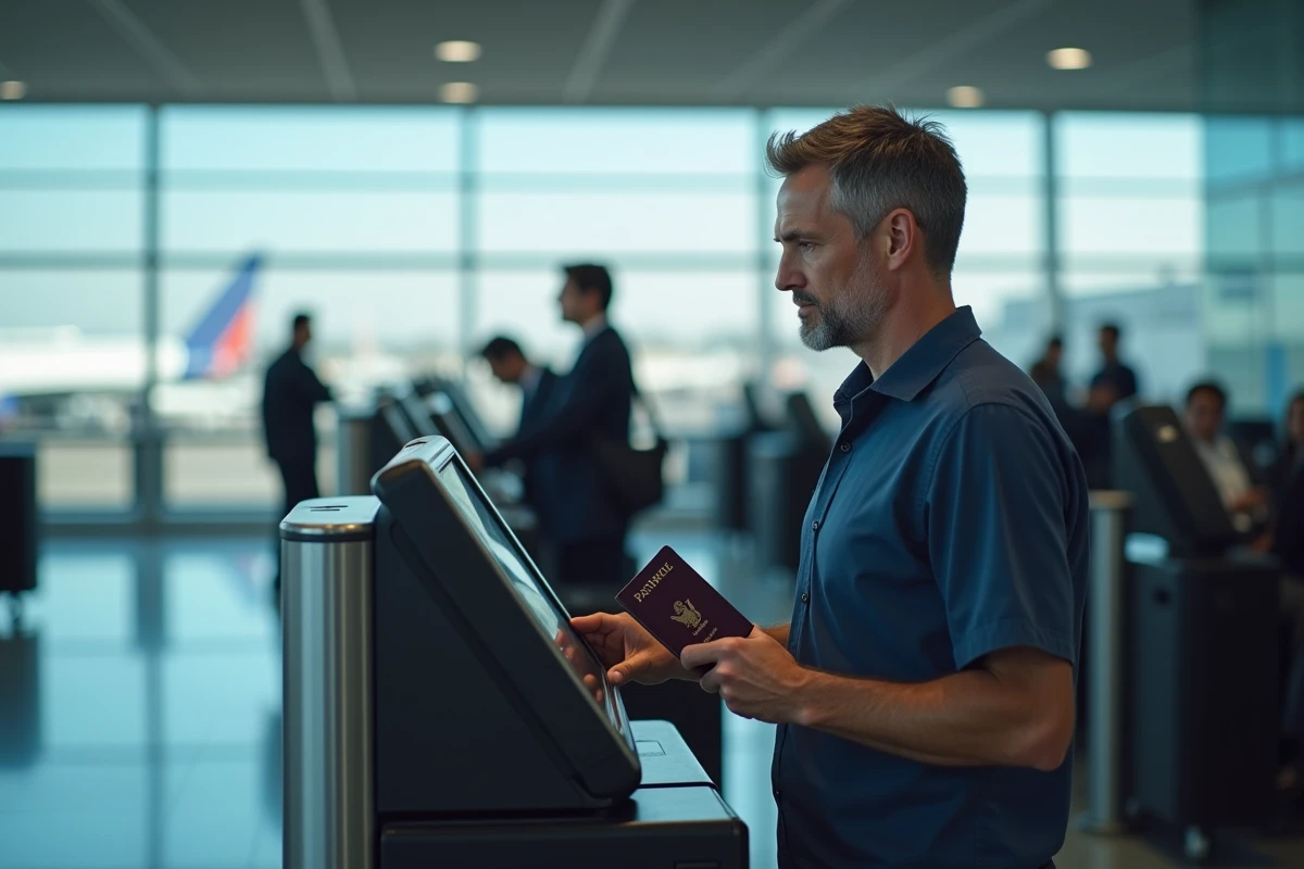 Passager consultant une borne d'enregistrement EasyJet dans un terminal d'aéroport pour vérifier les informations de son billet