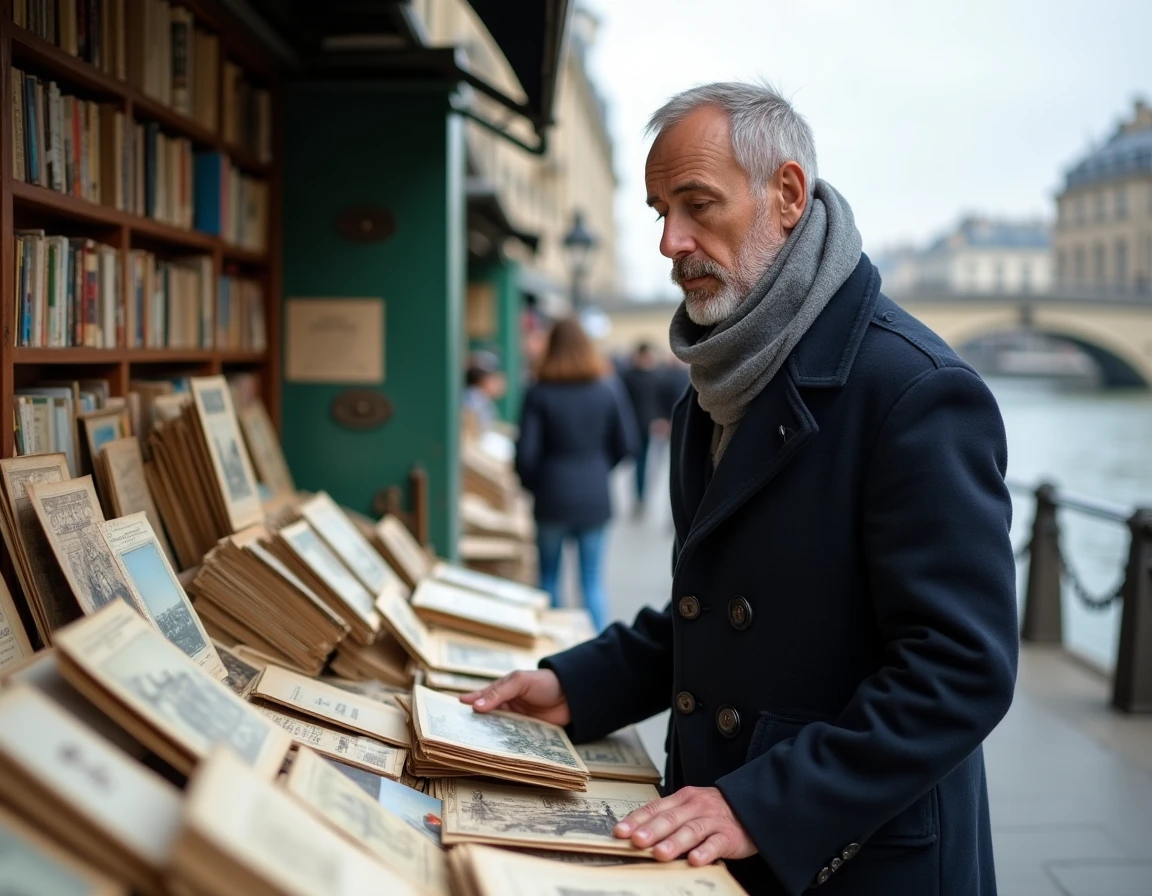 Homme parcourant les bouquinistes parisiens au bord de la Seine parmi les cartes postales vintage et les vieux livres