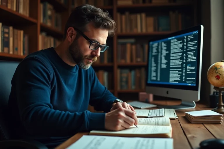 Chercheur déchiffrant le code Sorlav dans un bureau à domicile entouré de notes manuscrites et de références cryptographiques