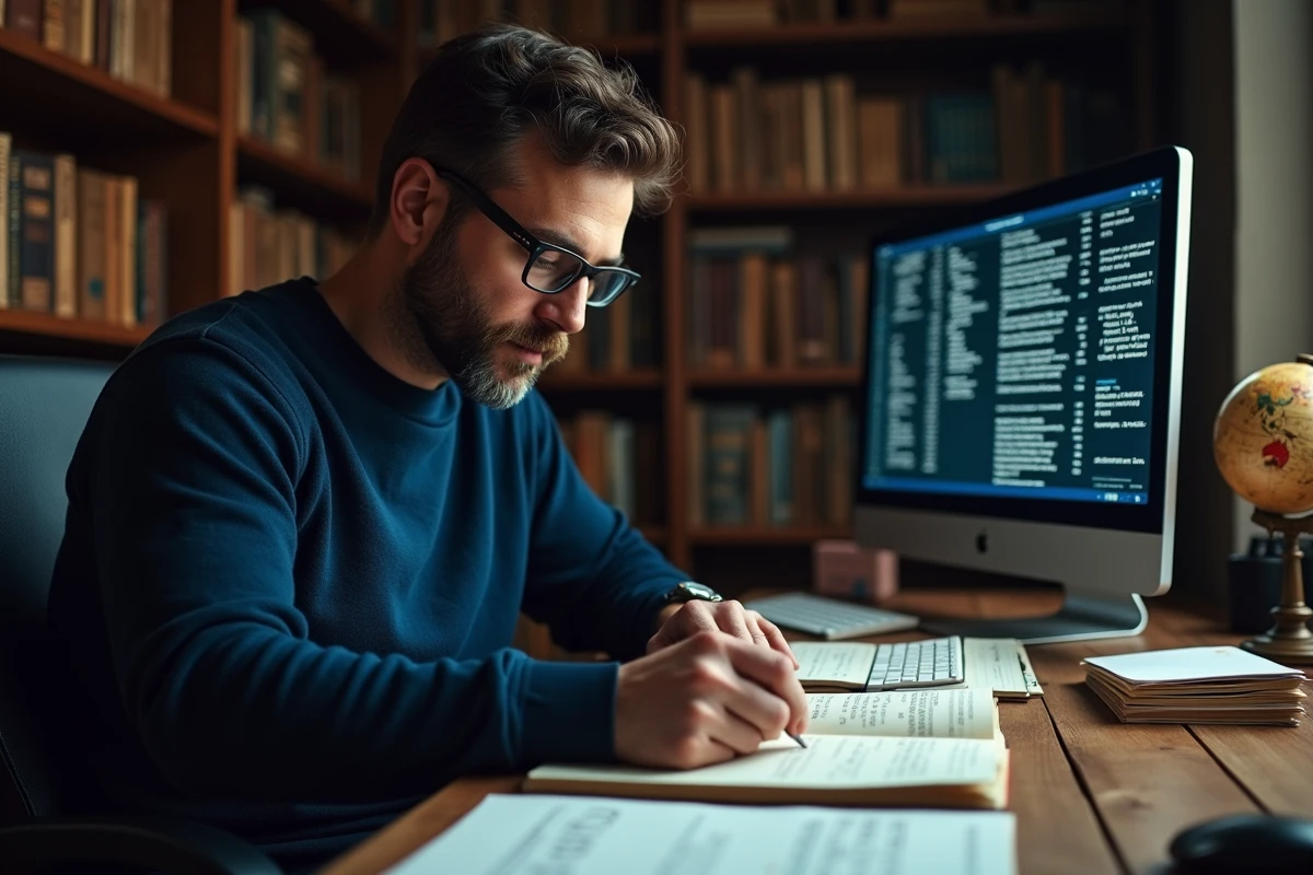 Chercheur déchiffrant le code Sorlav dans un bureau à domicile entouré de notes manuscrites et de références cryptographiques