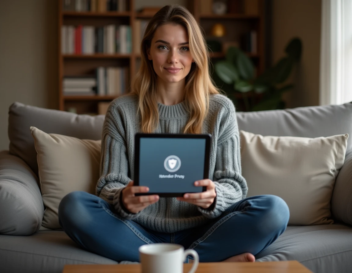 Femme consultant les paramètres de confidentialité réseau sur une tablette pour naviguer anonymement sur internet