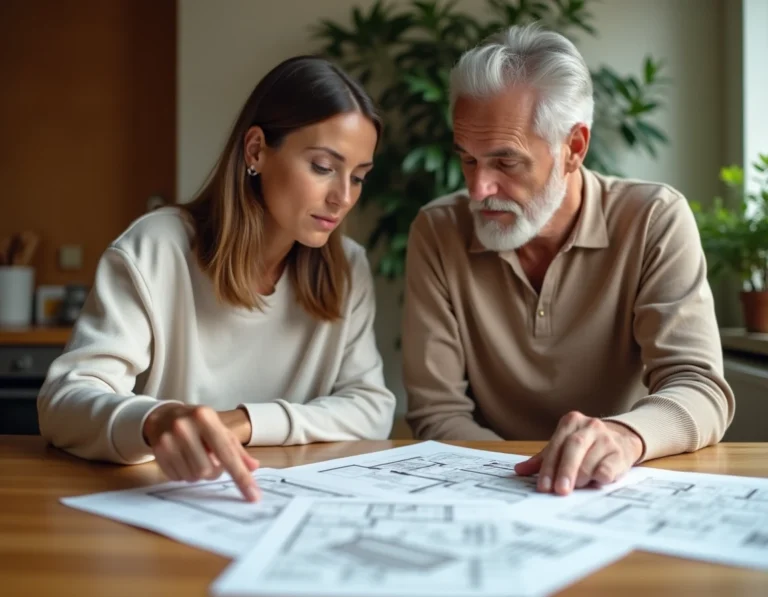 Couple consultant des documents immobiliers à la maison pour préparer un projet d'achat