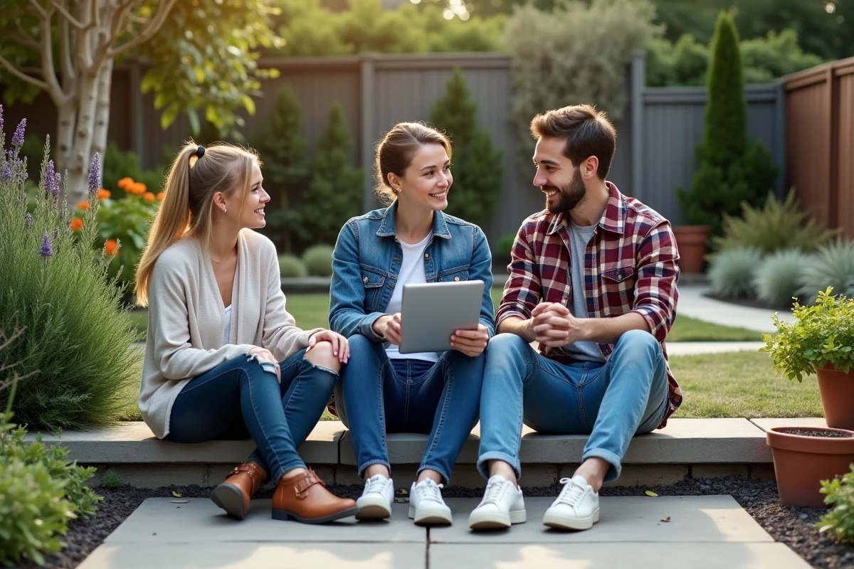 Jeune couple avec designer de jardin dans un espace vert