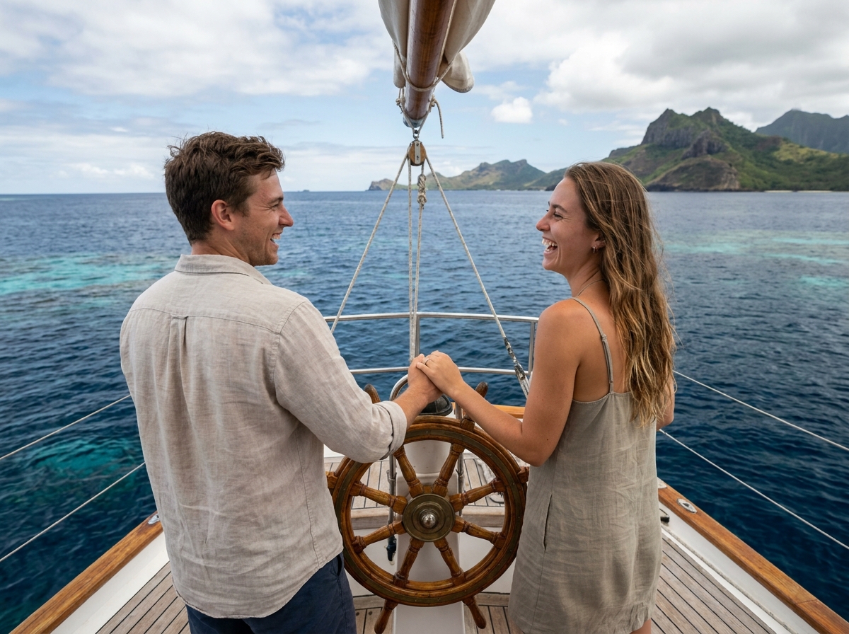 Jeune couple riant en naviguant sur un voilier polynesien