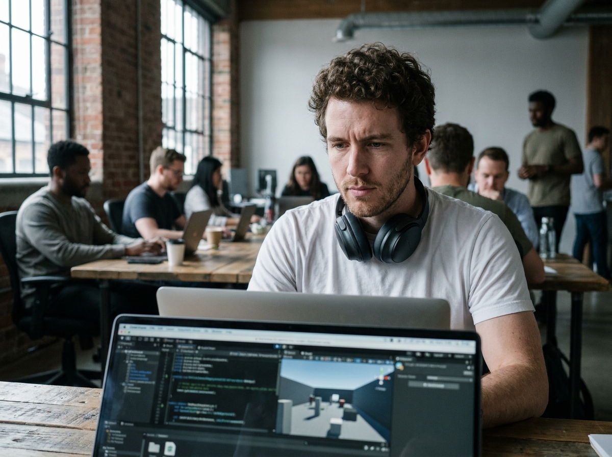 Jeune développeur de jeux vidéo en espace de co-working apprenant la programmation 3D sans passer par l'université