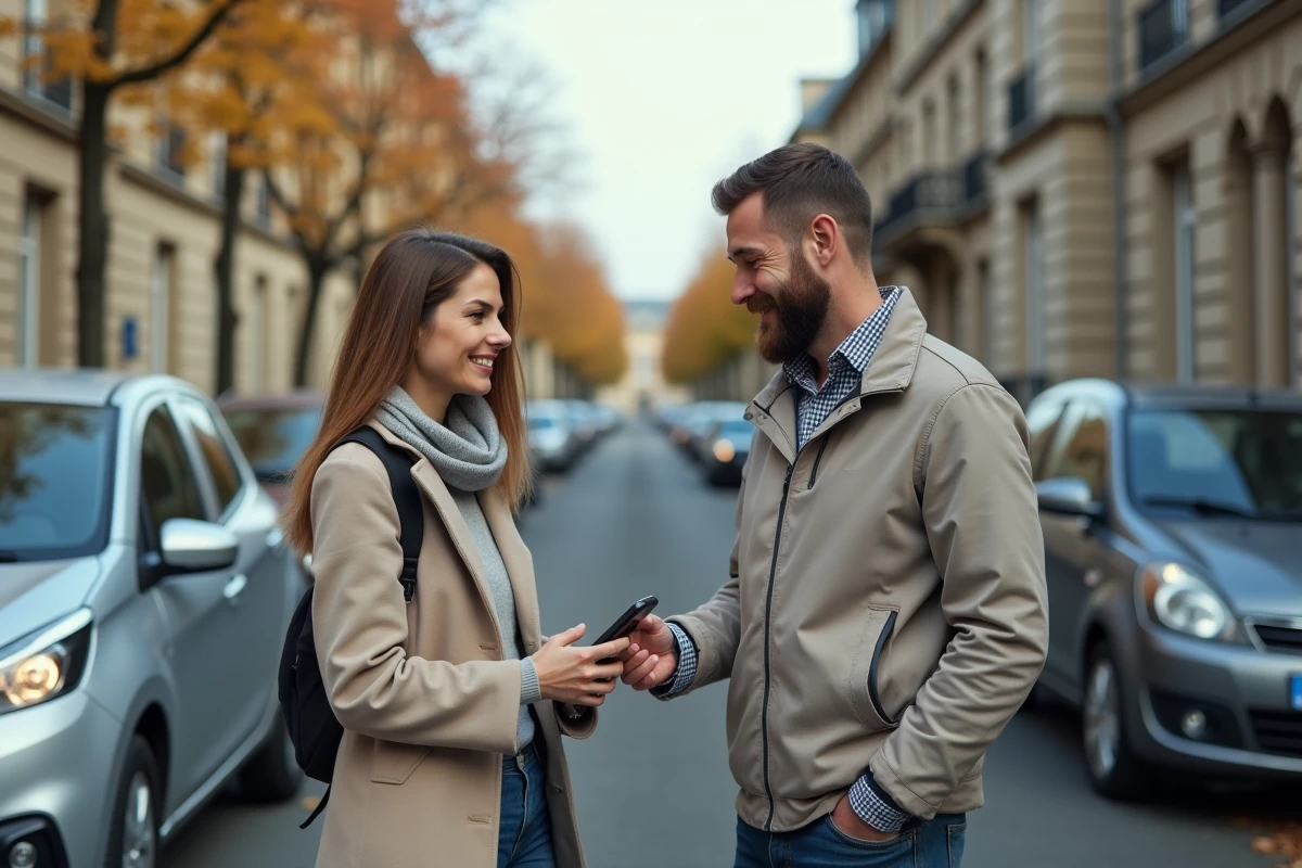 Passagère et conducteur échangeant la confirmation de trajet Blablacar devant une voiture
