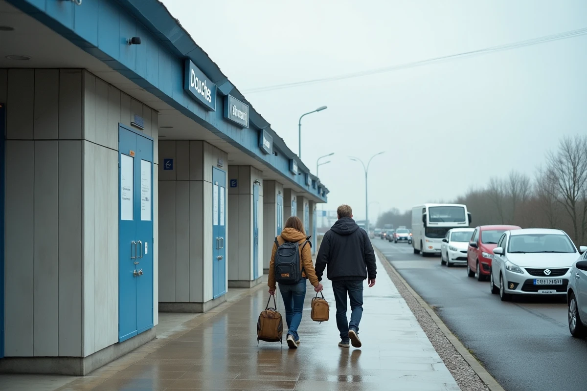 Couple de voyageurs entrant dans le bâtiment des douches d'une aire de service sur autoroute en France