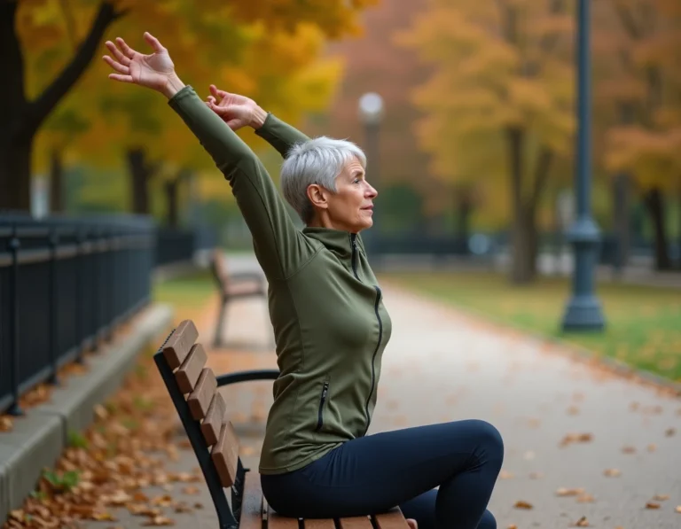 Femme de 65 ans faisant des étirements dans un parc en automne, adoptant un mode de vie actif après 60 ans