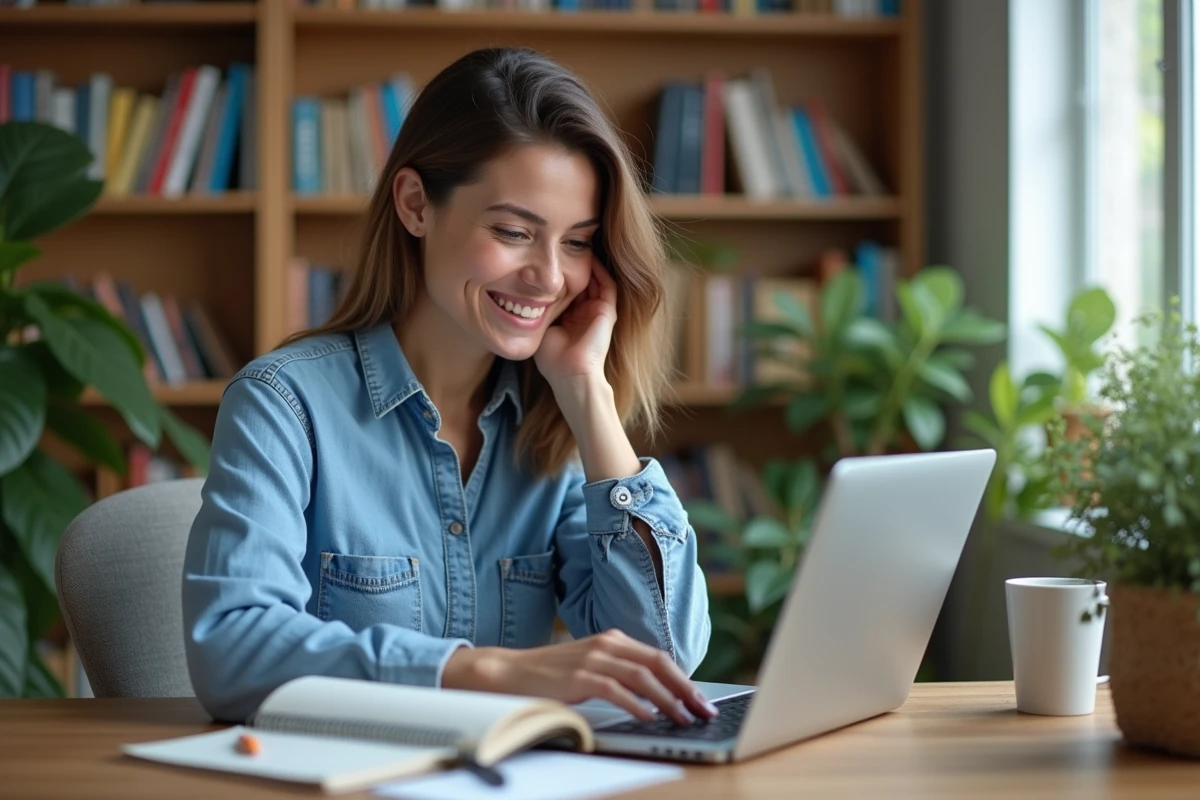 Femme souriante travaillant à son bureau à domicile