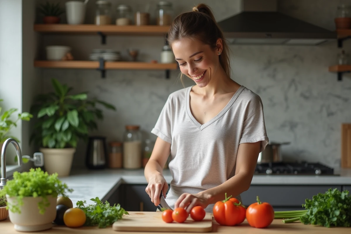 Femme souriante en cuisine coupant des légumes frais