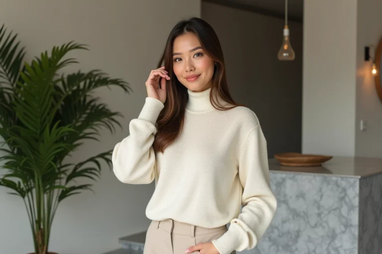 Femme élégante en pull crème et pantalon chic en intérieur