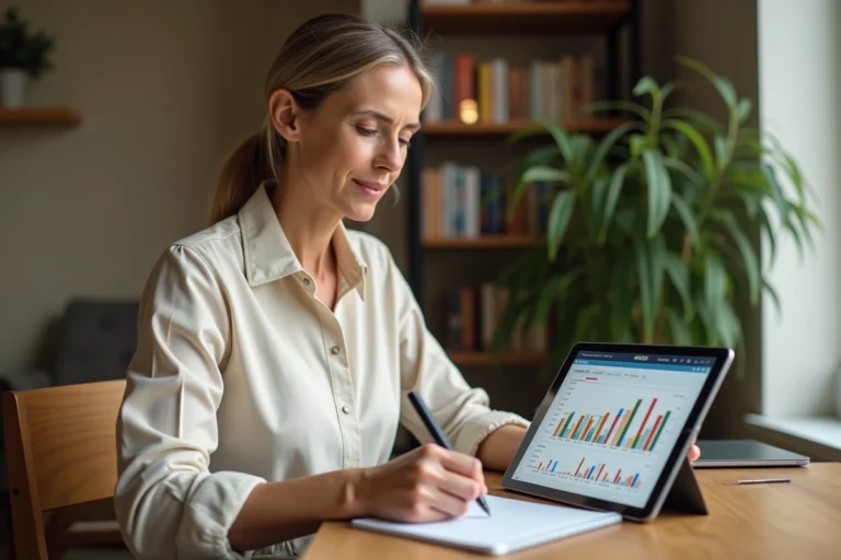 Femme d'âge moyen analysant des graphiques financiers sur une tablette