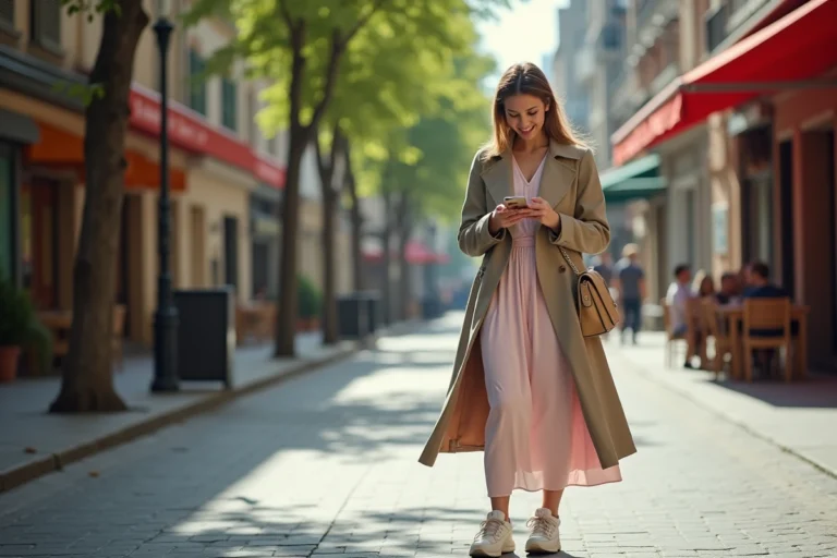 Femme élégante en robe pastel et trench urbain
