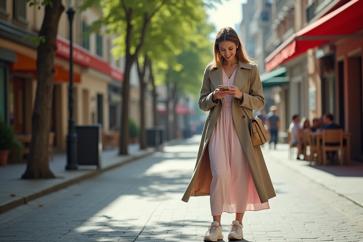 Femme élégante en robe pastel et trench urbain