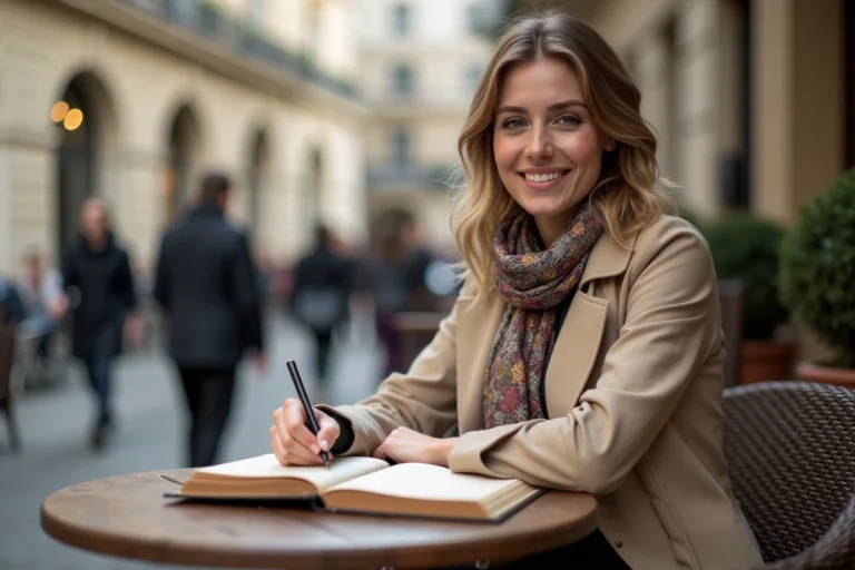 Femme élégante au café parisien avec trench beige