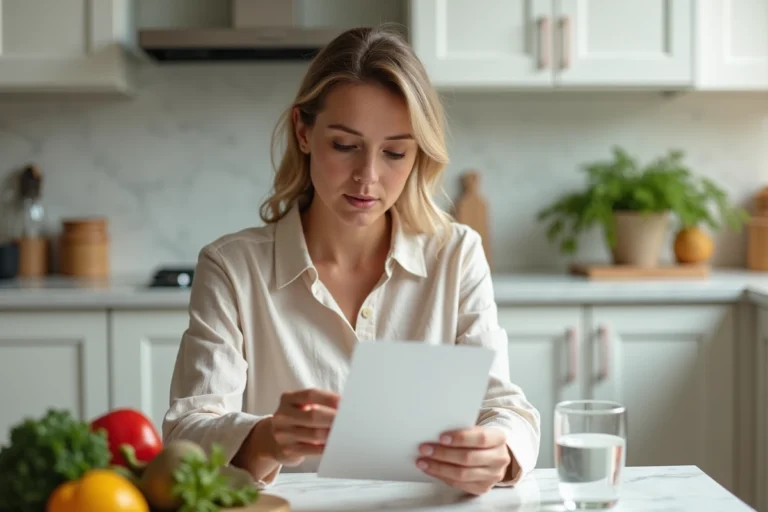 Femme consultant un plan alimentaire Naturhouse avec des légumes frais sur une table de cuisine moderne