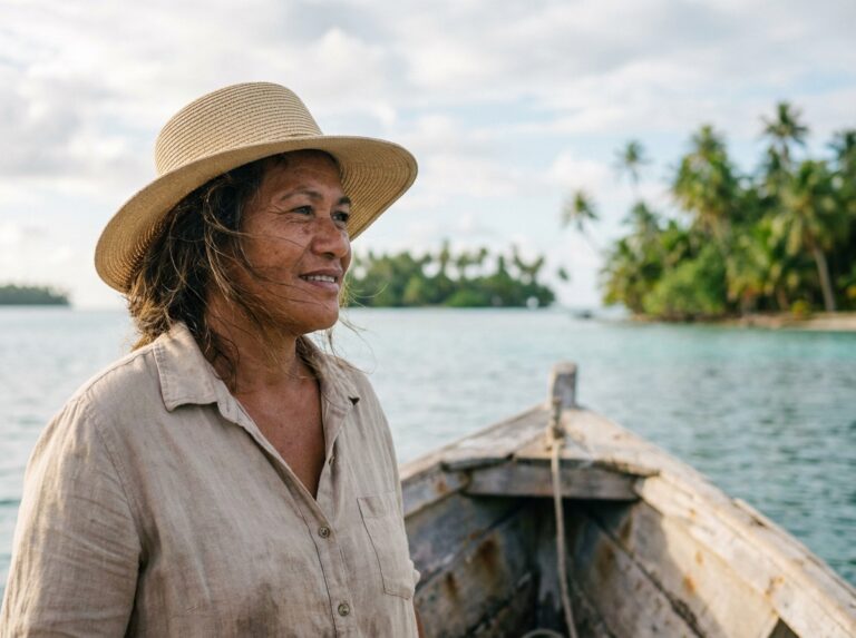 Femme polynesienne debout sur un bateau regardant vers les îles