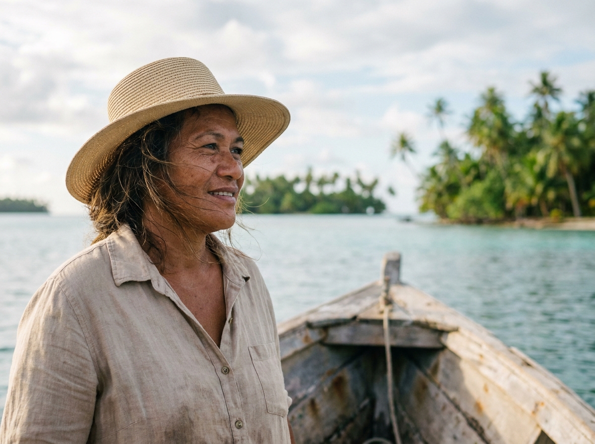 Femme polynesienne debout sur un bateau regardant vers les îles