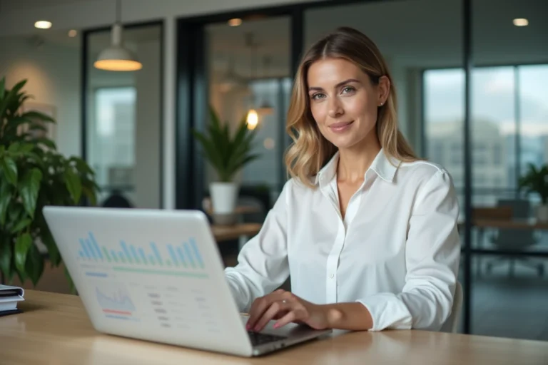 Femme professionnelle gérant ses paiements en ligne sur un tableau de bord numérique dans un bureau moderne