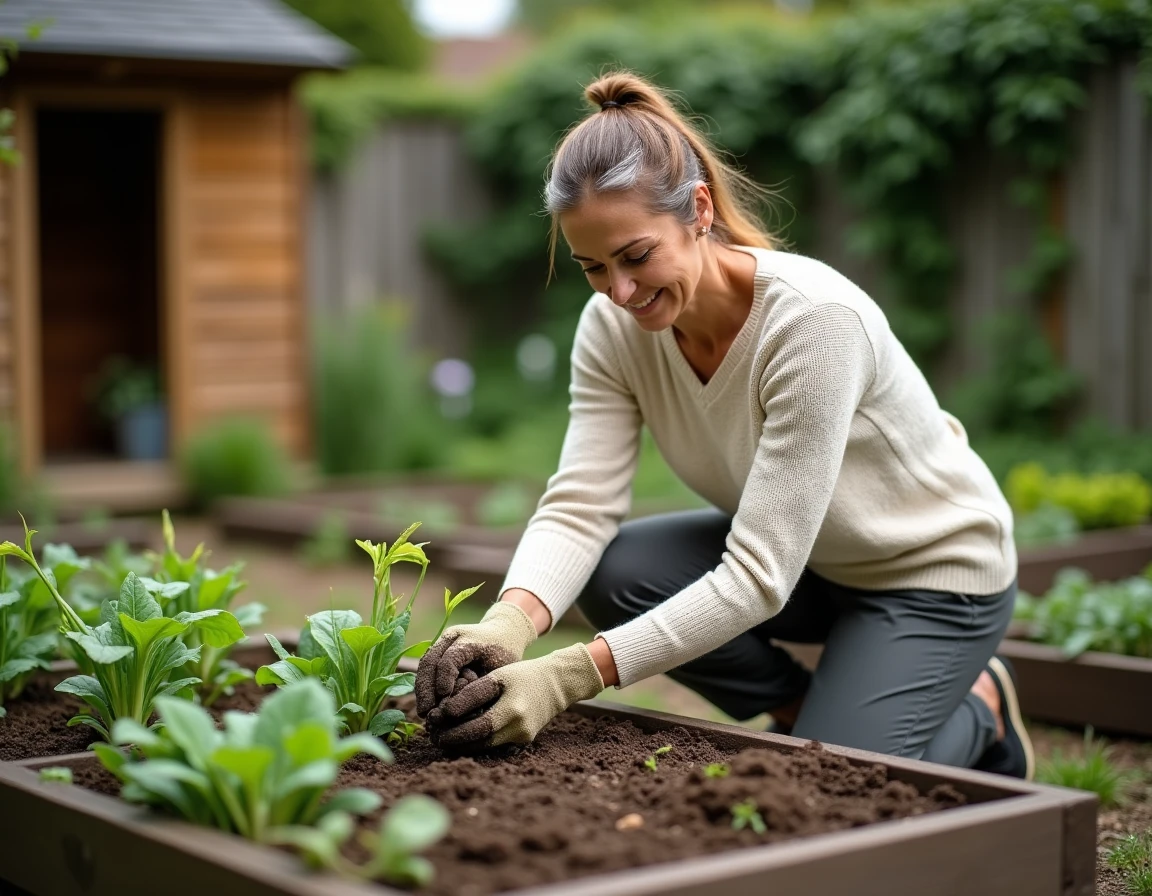 Femme retraitée jardinage dans son potager, activité épanouissante et thérapeutique pour les seniors