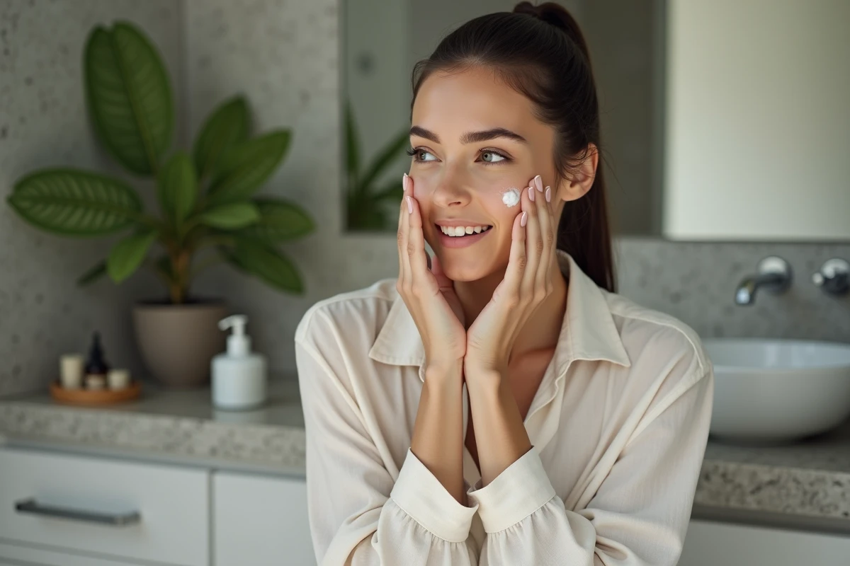 Femme appliquant une creme visage dans une salle de bain moderne