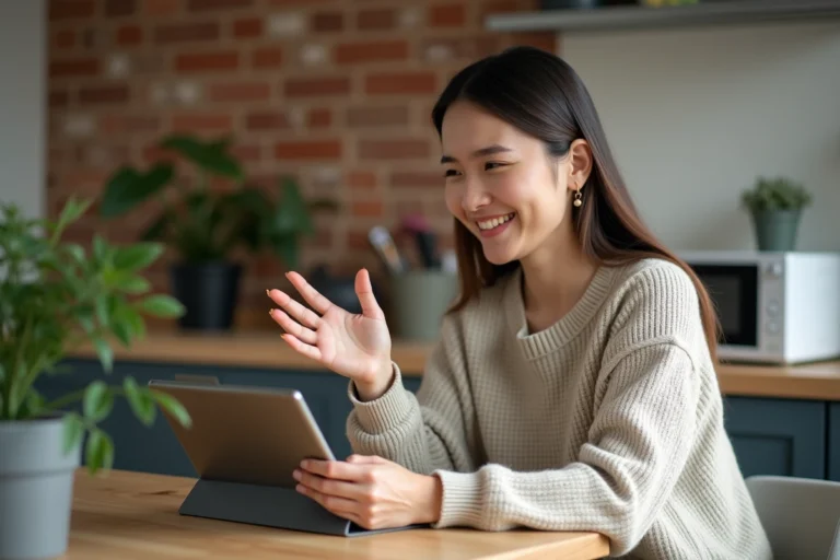 Femme souriante utilisant une tablette dans un appartement moderne