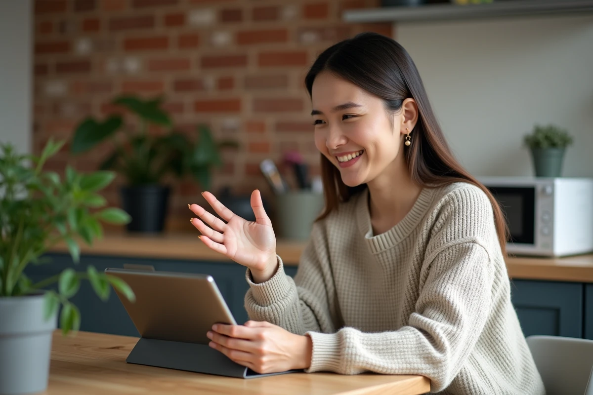 Femme souriante utilisant une tablette dans un appartement moderne