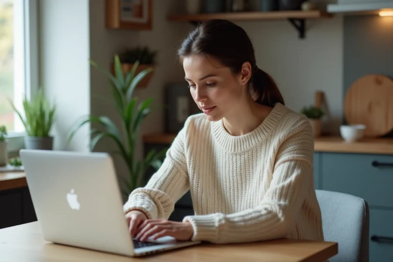 Jeune femme concentrée sur son ordinateur dans la cuisine