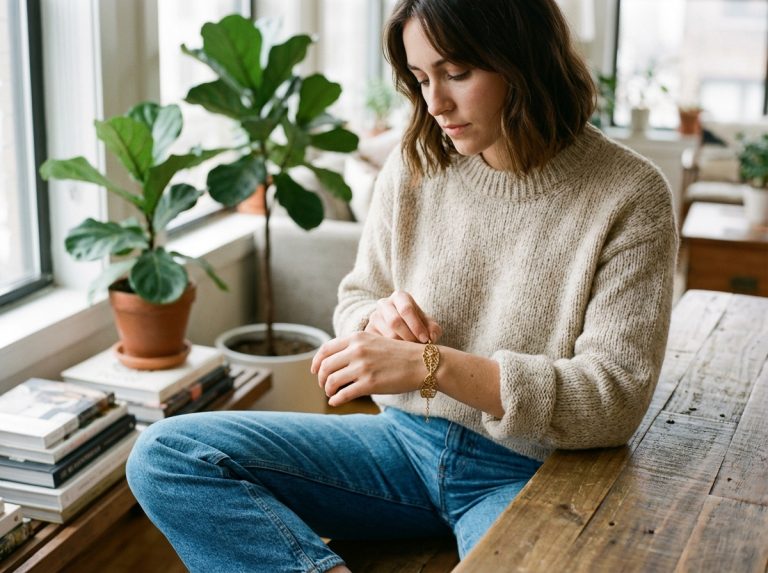 Femme portant un bracelet vintage en or dans un salon lumineux