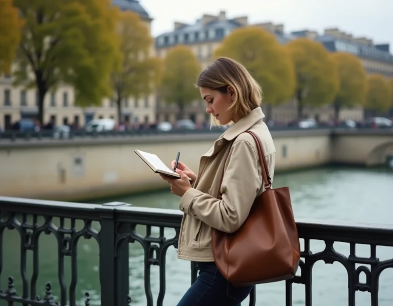 Femme parisienne consultant ses notes de voyage au bord de la Seine avec les immeubles haussmanniens en arrière-plan