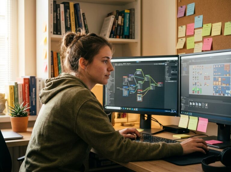 Jeune femme apprenant à créer des jeux vidéo en autodidacte sur un double écran avec un logiciel de développement de jeux à domicile