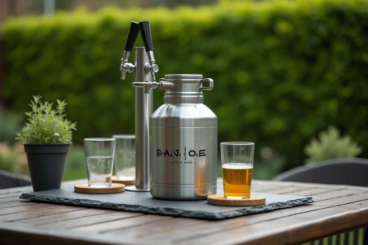Gros plan d'un fût de panaché 5L écologique sur une table de jardin avec des verres réutilisables et des herbes aromatiques