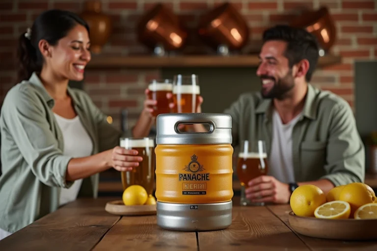 Fût de panaché 5L posé sur un comptoir en bois avec des verres mousseux et des convives souriants lors d'une soirée conviviale
