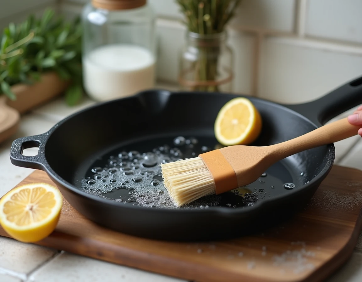 Gros plan sur le nettoyage d'une plancha en fonte émaillée avec une brosse naturelle, du bicarbonate et du citron