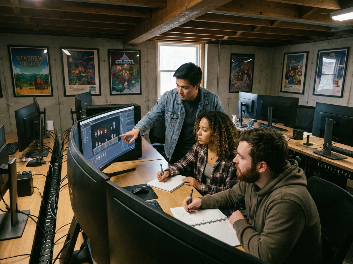Groupe de jeunes créateurs de jeux vidéo indépendants en studio collaboratif apprenant sans formation universitaire traditionnelle
