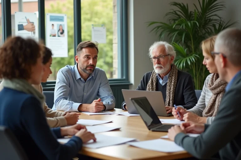 Groupe de citoyens français discutant autour d'une table