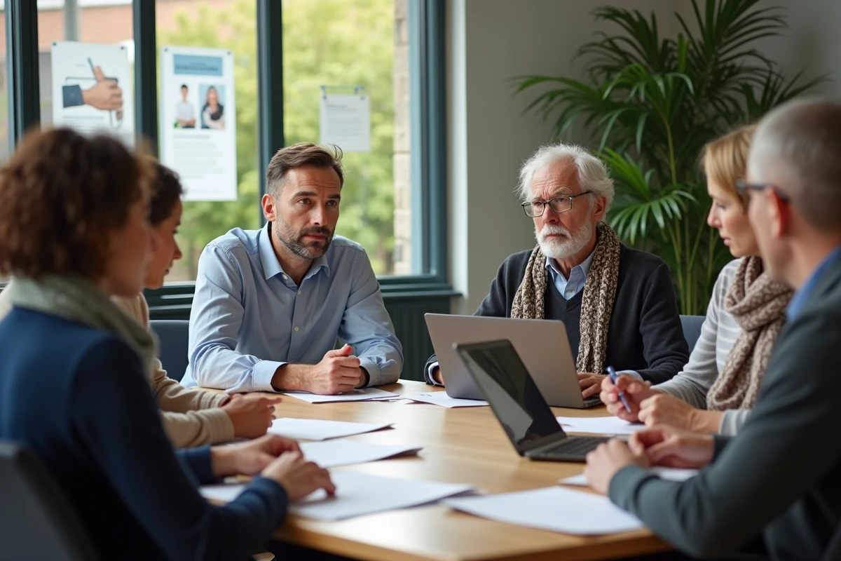 Groupe de citoyens français discutant autour d'une table