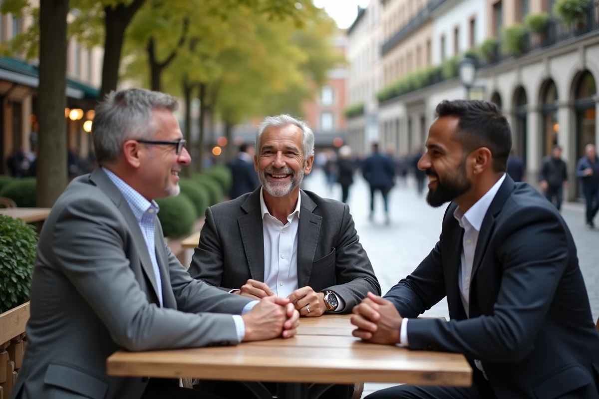 Trois hommes discutant dans un café en plein air