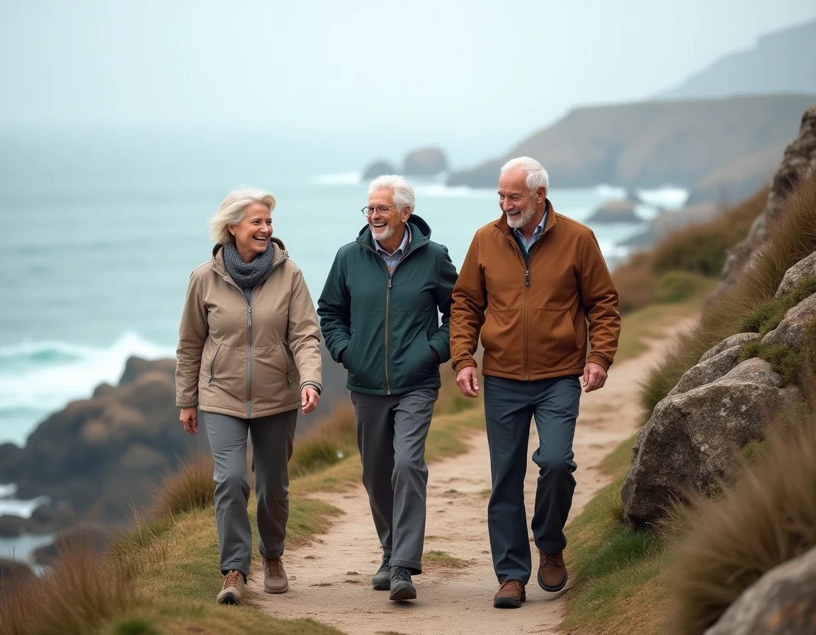 Groupe de seniors actifs marchant et riant sur un sentier côtier, illustrant la vie sociale et sportive après 60 ans