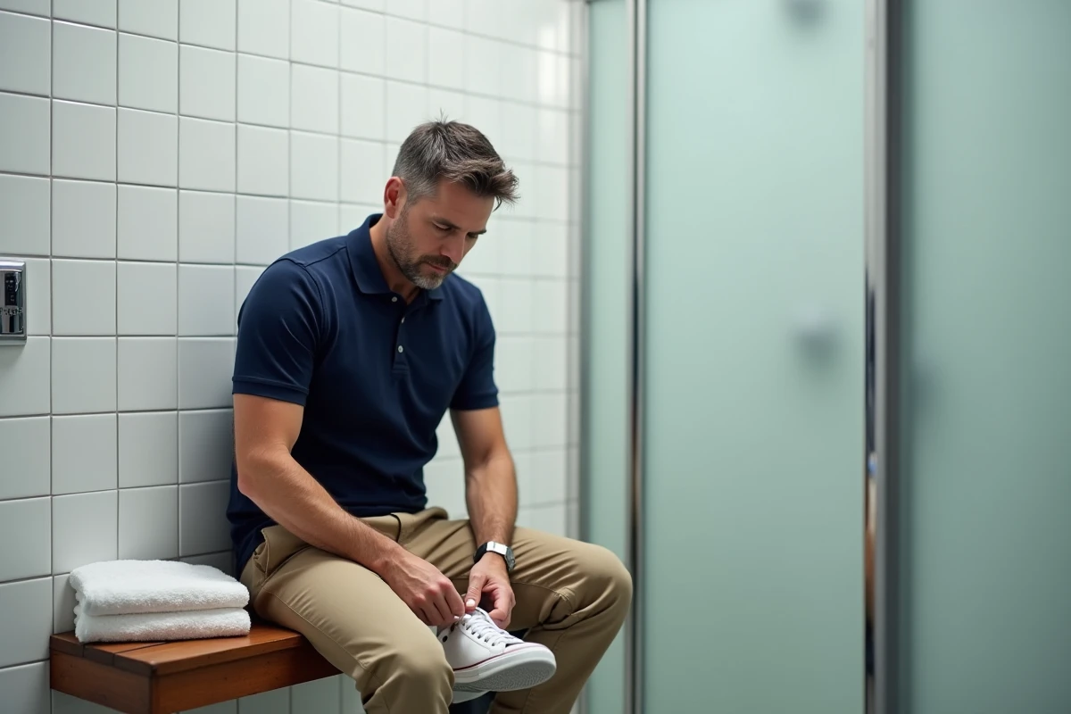 Homme se préparant après une douche dans une salle de bain propre d'une aire de repos sur autoroute