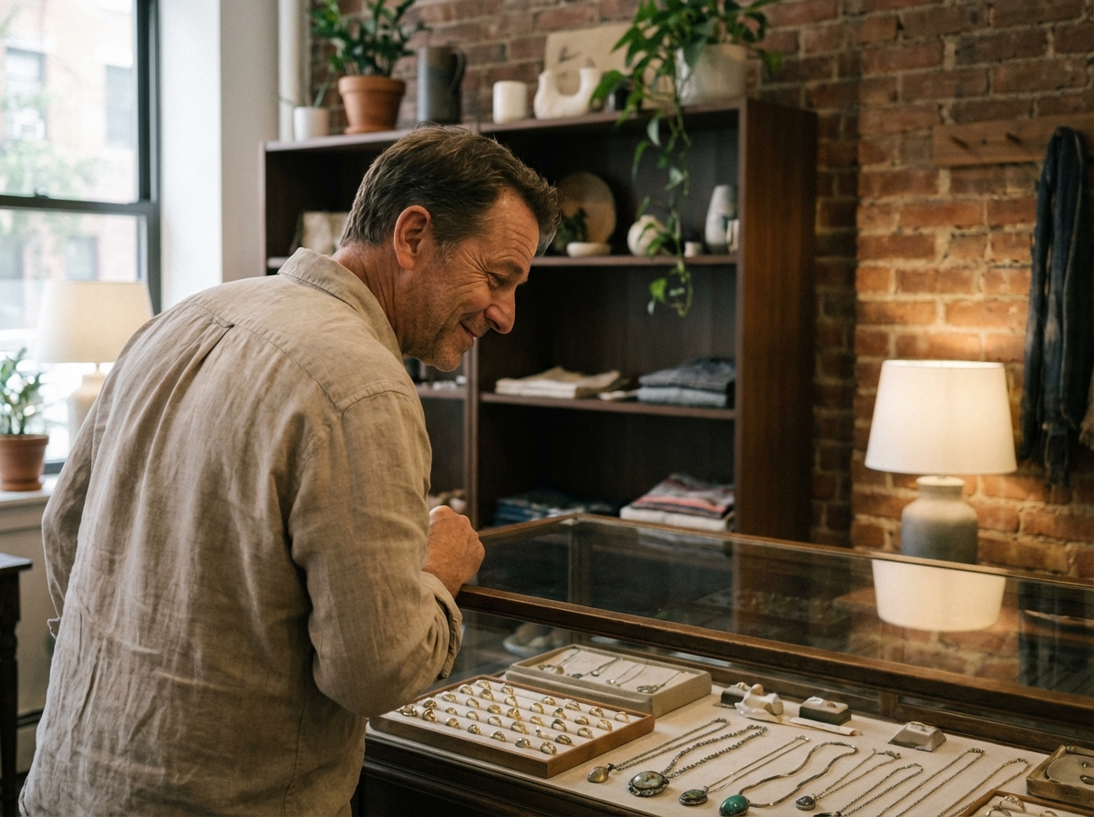 Homme regardant des bijoux dans une boutique urbaine écologique