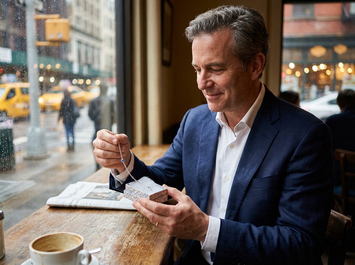 Homme en café choisissant un bracelet dans une boîte cadeau